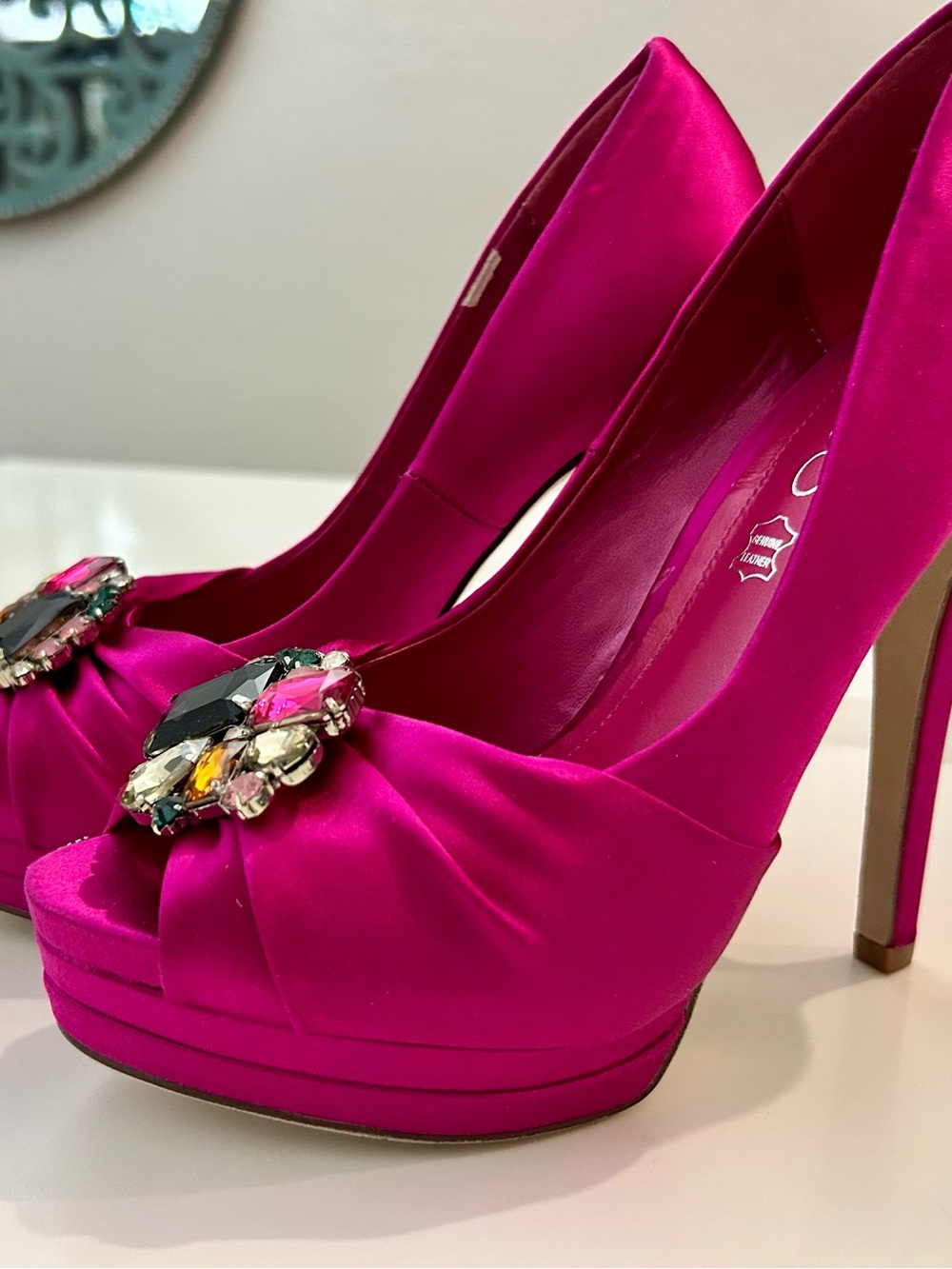 Aldo Fuchsia Satin Platform Heels with Jewel Embellishment